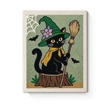 Punch Needle Halloween Chat sur Souche : tableau brodé terminé sur son cadre