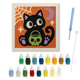 Contenu du kit punch needle Halloween : toile sur cadre, aiguilles et fils de laine