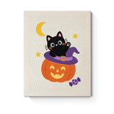 Punch Needle Halloween Chaton qui Salue : tableau brodé terminé sur son cadre