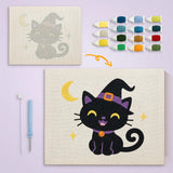 Toile imprimée numérotée et tableau punch needle chaton rieur terminé