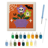 Contenu du kit punch needle Halloween : toile sur cadre, aiguilles et fils de laine