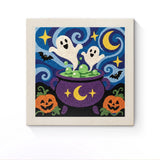 Punch Needle Halloween Chaudron Hanté : tableau brodé terminé sur son cadre