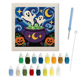 Contenu du kit punch needle chaudron : toile sur cadre, aiguilles et fils de laine