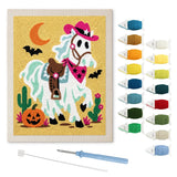 Contenu du kit punch needle cheval fantôme : toile sur cadre, aiguilles et fils de laine
