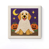 Punch Needle Halloween Chien Fantôme : tableau brodé terminé sur son cadre