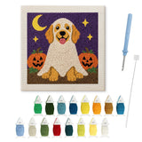 Contenu du kit punch needle chien fantôme : toile sur cadre, aiguilles et fils de laine