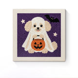 Punch Needle Halloween Chiot Fantôme : tableau brodé terminé sur son cadre