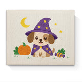 Punch Needle Halloween Chiot Sorcier : tableau brodé terminé sur son cadre