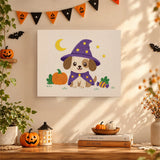 Tableau punch needle chiot au chapeau pointu accroché au mur dans une déco d'Halloween