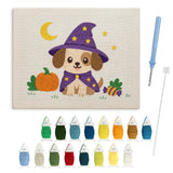 Contenu du kit punch needle chiot sorcier : toile sur cadre, aiguilles et fils de laine