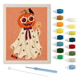 Contenu du kit punch needle citrouille chic : toile sur cadre, aiguilles et fils de laine