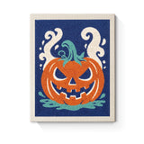 Punch Needle Halloween Citrouille Rusée : tableau brodé terminé sur son cadre
