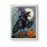 Punch Needle Halloween Corbeau Sorcier : tableau brodé terminé sur son cadre