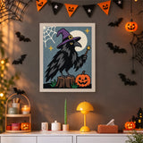 Tableau punch needle corbeau sorcier accroché au mur dans une déco d'Halloween