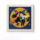 Punch Needle Halloween Couple Sorciers : tableau brodé terminé sur son cadre