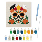 Contenu du kit punch needle crâne Halloween : toile sur cadre, aiguilles et fils de laine