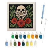 Contenu du kit punch needle crâne et dahlias : toile sur cadre, aiguilles et fils de laine