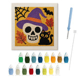 Contenu du kit punch needle Halloween : toile sur cadre, aiguilles et fils de laine