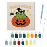Contenu du kit punch needle crapaud Halloween : toile sur cadre, aiguilles et fils de laine