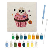Contenu du kit punch needle Halloween cupcake crâne : toile sur cadre, aiguilles et fils de laine