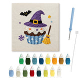 Contenu du kit punch needle Halloween cupcake : toile sur cadre, aiguilles et fils de laine