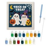 Contenu du kit punch needle fantômes Halloween : toile sur cadre, aiguilles et fils de laine