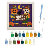 Contenu du kit punch needle épouvantails Halloween : toile sur cadre, aiguilles et fils de laine