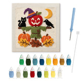Contenu du kit punch needle épouvantail Halloween : toile sur cadre, aiguilles et fils de laine