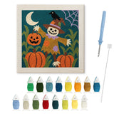Contenu du kit punch needle épouvantail lune : toile sur cadre, aiguilles et fils de laine