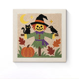 Punch Needle Halloween Épouvantail Mage : tableau brodé terminé sur son cadre
