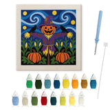 Contenu du kit punch needle épouvantail violet : toile sur cadre, aiguilles et fils de laine