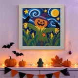 Tableau punch needle épouvantail citrouille accroché au mur dans une déco d'Halloween