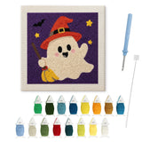 Contenu du kit punch needle Halloween fantôme au balai : toile sur cadre, aiguilles et fils de laine