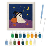 Contenu du kit punch needle Halloween fantôme au repos : toile sur cadre, aiguilles et fils de laine