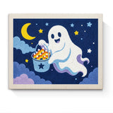 Punch Needle Halloween Fantôme au Seau : tableau brodé terminé sur son cadre