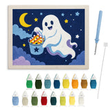 Contenu du kit punch needle fantôme au seau : toile sur cadre, aiguilles et fils de laine