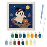 Contenu du kit punch needle Halloween fantôme balade : toile sur cadre, aiguilles et fils de laine