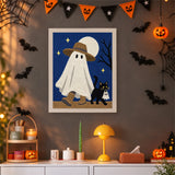 Tableau punch needle fantôme baladeur accroché au mur dans une déco d'Halloween