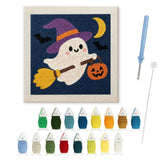 Contenu du kit punch needle fantôme volant : toile sur cadre, aiguilles et fils de laine