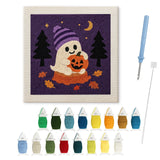 Contenu du kit punch needle Halloween fantôme bonnet : toile sur cadre, aiguilles et fils de laine
