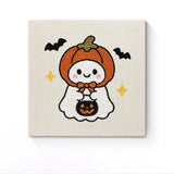 Punch Needle Halloween Fantôme Capuche : tableau brodé terminé sur son cadre