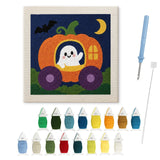 Contenu du kit punch needle fantôme carrosse : toile sur cadre, aiguilles et fils de laine