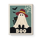 Punch Needle Halloween Fantôme Chapeau : tableau brodé terminé sur son cadre