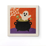 Punch Needle Halloween Fantôme Chaudron : tableau brodé terminé sur son cadre