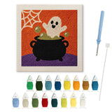 Contenu du kit punch needle fantôme chaudron : toile sur cadre, aiguilles et fils de laine