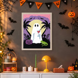 Tableau punch needle fantôme au cocktail sous les palmiers accroché au mur dans une déco d'Halloween