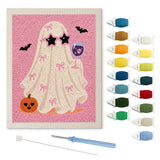 Contenu du kit punch needle fantôme diva : toile sur cadre, aiguilles et fils de laine