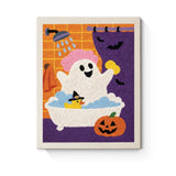 Punch Needle Halloween Fantôme Douche : tableau brodé terminé sur son cadre