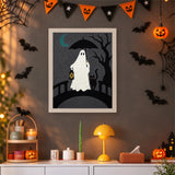 Tableau punch needle fantôme à la lanterne accroché au mur dans une déco d'Halloween