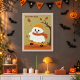 Tableau punch needle fantôme en skate et bonnet accroché au mur dans une déco d'Halloween